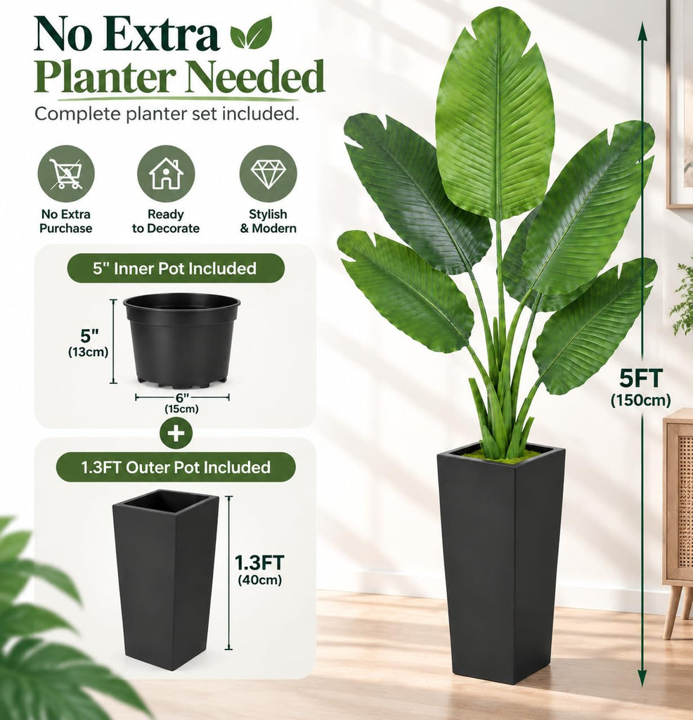 Artificial Bird of Paradise Plant 5FT Tall, Large Fake Tropical Palm Tree with 9 Realistic Banana Leaves, UV