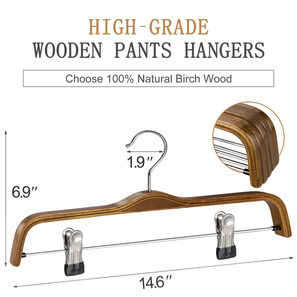 Wooden Pants Hangers, Slim Natural Wood Skirt Hangers with Anti-Rust Hook and Adjustable Metal Clips, Perfect for