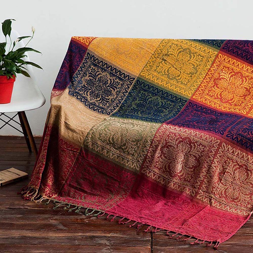 Boho Throw Blanket, Chenille Jacquard Tassels Throw Blankets for Bed Couch Soft Chair, Bohemian Fringe Tassels (Red