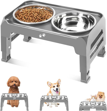 Elevated Dog Bowls for Small Medium Dogs, 3 Height Adjustable Raised Stand with 2 Thick 6" Stainless Steel Food