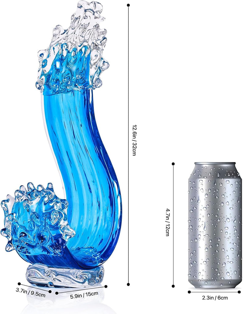 Blue Glass Sculpture Home Decor, Hand Blown Glass Art Statue, Glass Ocean Waves Home Living Room Decorations