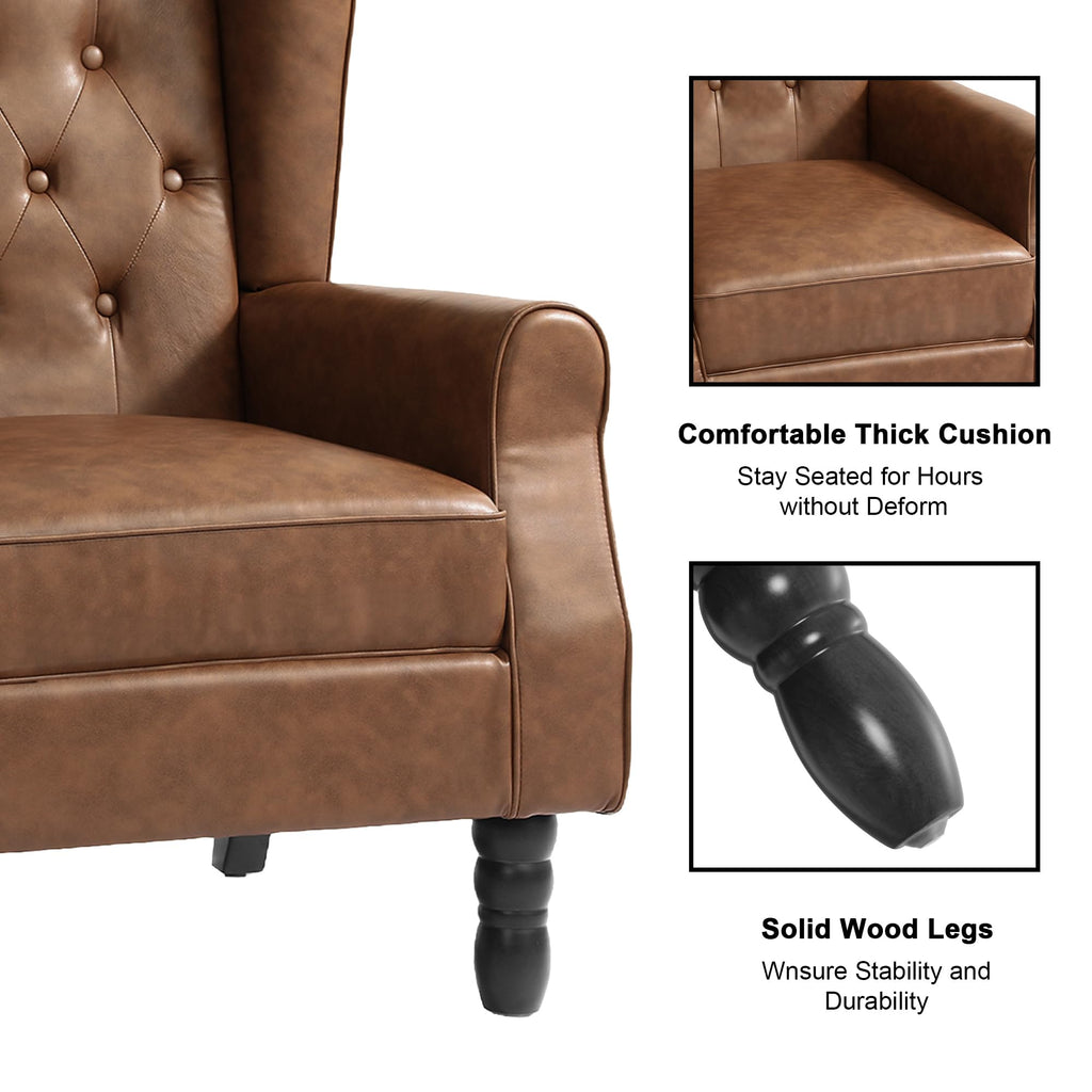 Faux Leather Wingback Accent Chair, Tufted High Back Armchair, Brown
