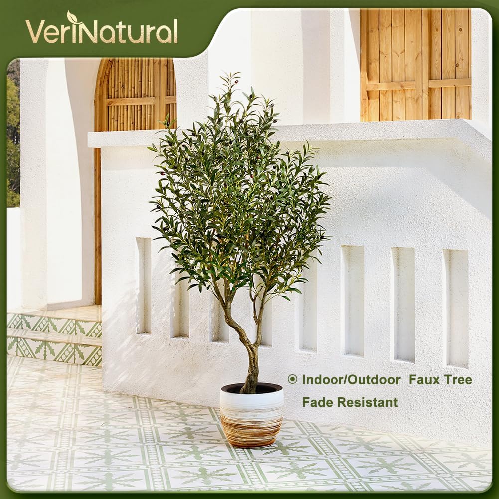 Artificial Olive Tree 6FT Fake Plants Indoor - UV Resistant Faux Olive Tree in Black Pot, Outdoor Tall Faux Silk Tree