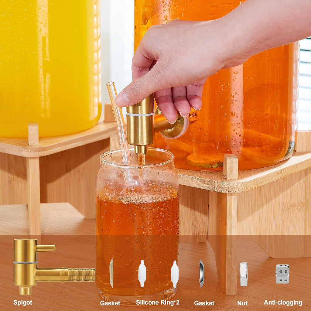 1.5 Gallon Drink Dispenser: 2P Glass Dispenser w/Bamboo Stand - Set of 2