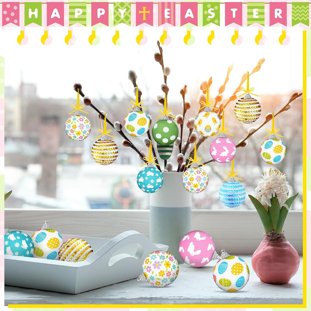 Easter Tree Ornaments for Small Tree Easter Egg Bunny Decorations Hanging Sequin Balls Ornaments Seasonal - Set of 16
