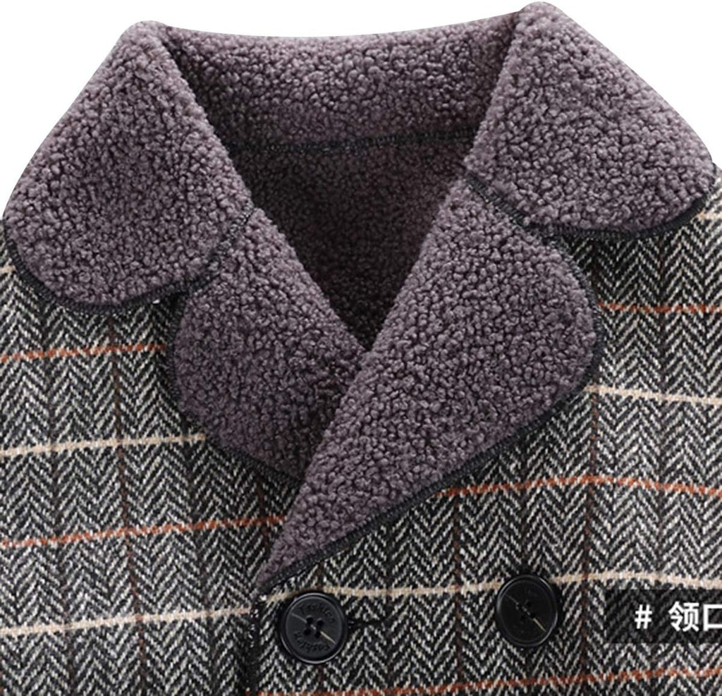 Boy's Pea Coat Faux Wool Double Breasted Trench Jacket Warm Plaid Peacoat