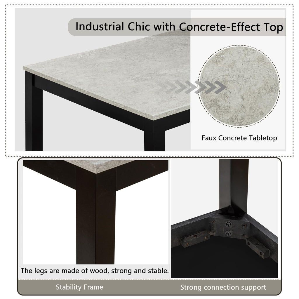 6-Piece Dining Table Set with Bench, Solid Wood Kitchen Table & 4 Upholstered Chairs, Concrete-Effect Tabletop, Modern