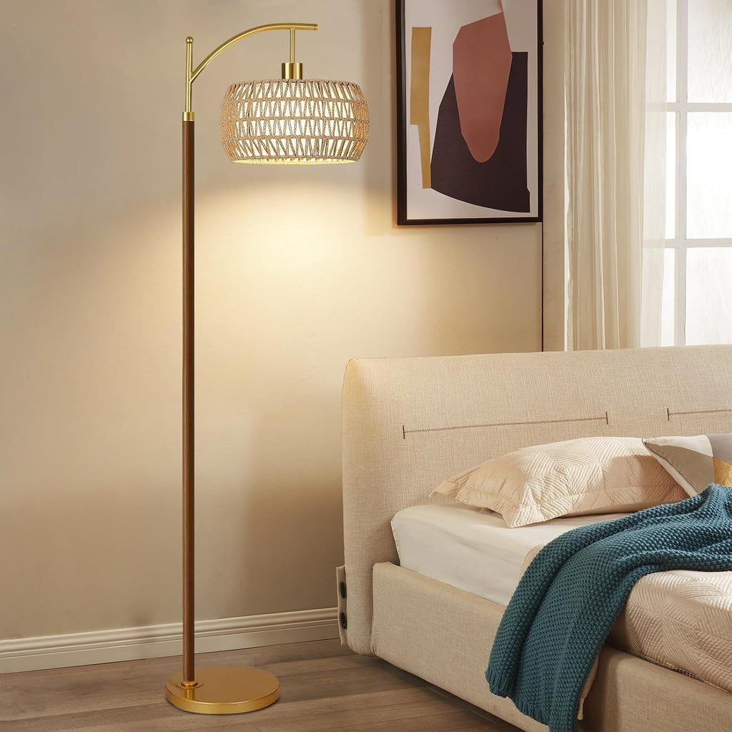 Wood Floor Lamps Arc Boho Floor Lamp with Remote Control & 3 Color Temperatures, Vintage Wicker Rattan Standing Lamp