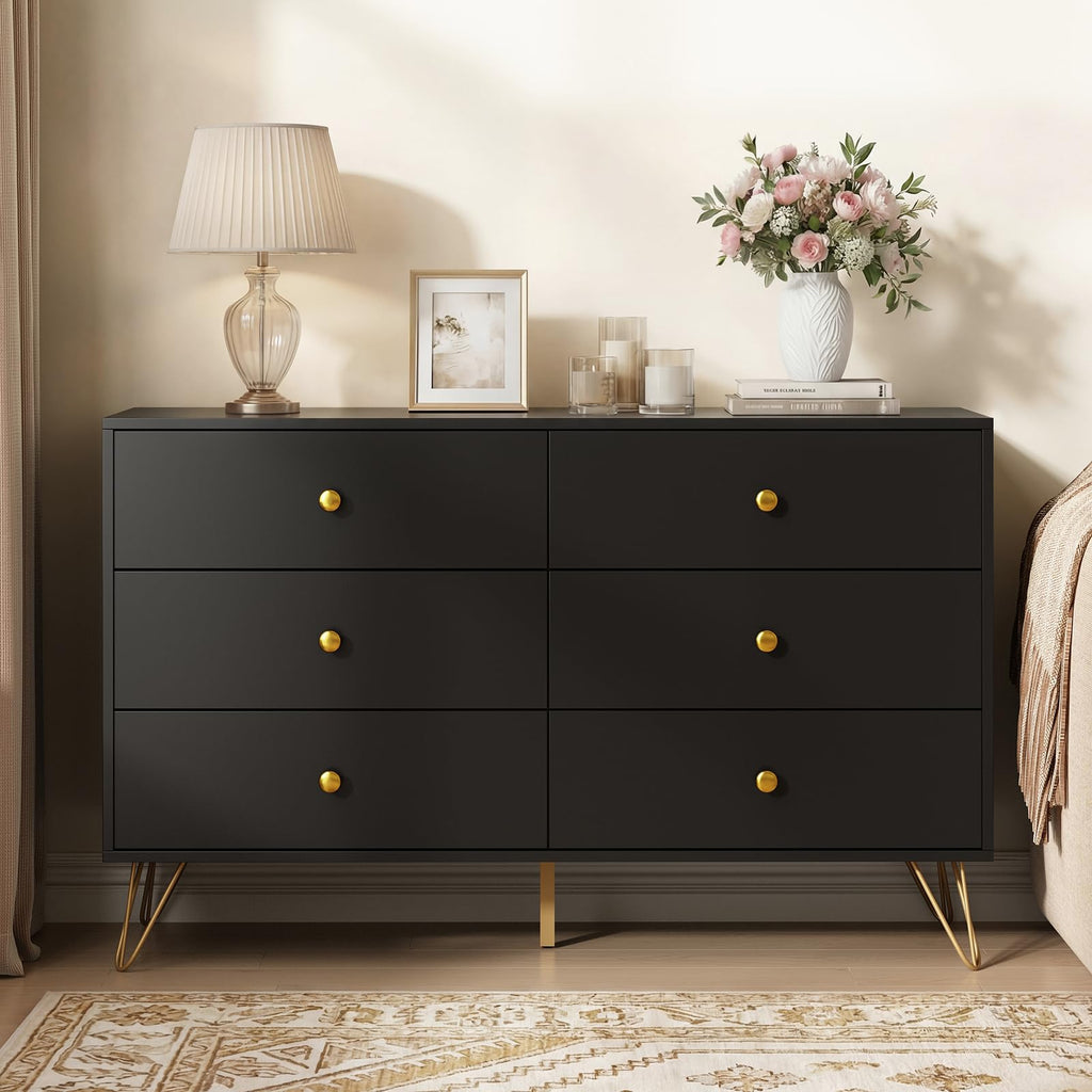 Black Dresser, 6 Drawer Dresser with Golden Handles, Large Storage Cabinet, Modern Chest of Drawers Organizer