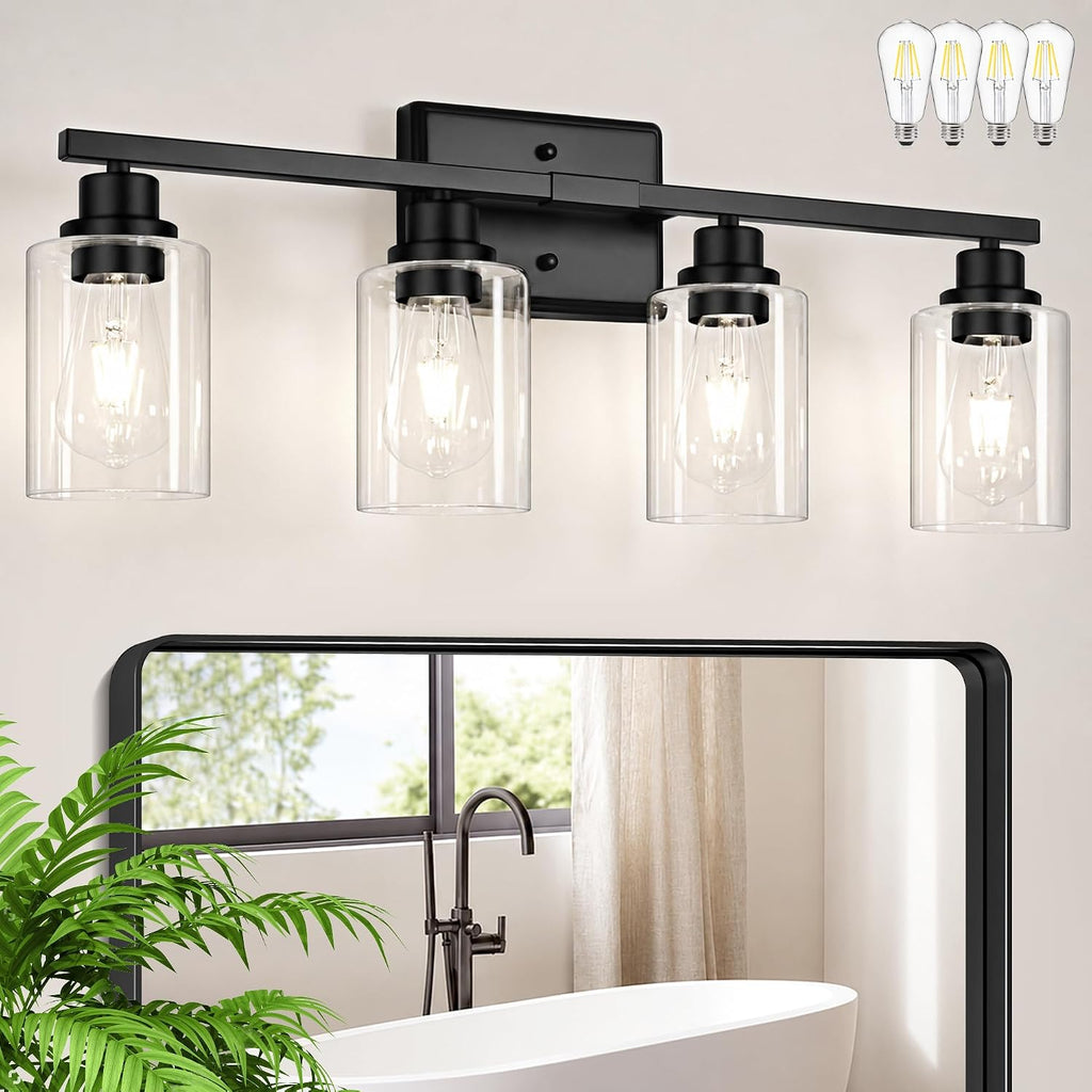 Modern Black Bathroom Light Fixtures, 4-Light Vanity Lights Over Mirror with E26 LED Bulbs Included, Wall Sconce with