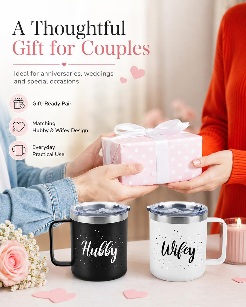 Hubby Wifey Mugs Set, Couple Coffee Mugs-Insulated Coffee Mug with Handle, 14oz Tumbler Set 2 Pack, Wedding Gifts for