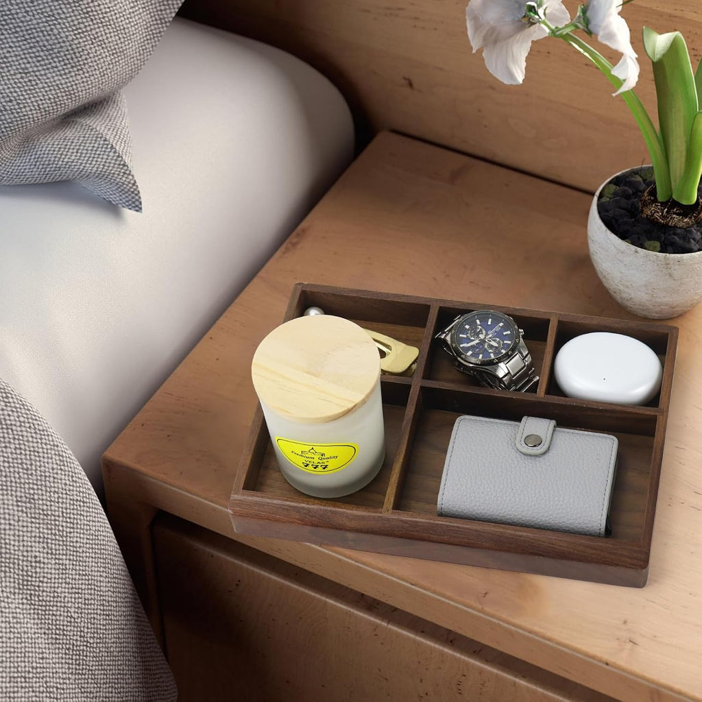 5-Slot Walnut Valet Tray, Wooden Nightstand & Desk Organizer