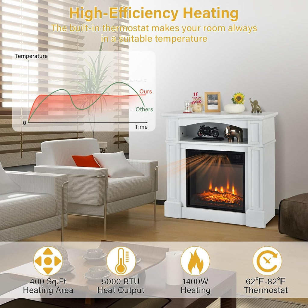 32 Inch Freestanding Electric Fireplace with Mantel, Realistic Flame, Thermostat, 3 Brightness Levels, Timer and Remote Control, White