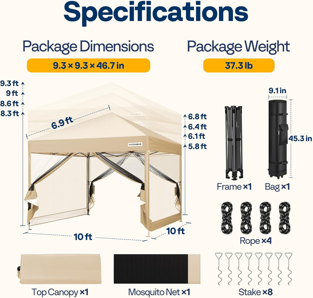 10x10ft Easy Pop-Up Canopy, Outdoor Screen Tent with Mosquito Netting, 2 Zipper Doors