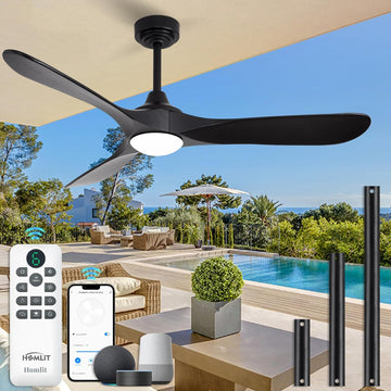 Inspired Maverick Style 52" Outdoor Ceiling Fan with Light and Remote via WiFi Alexa, 3 Black Solid Wood Blade