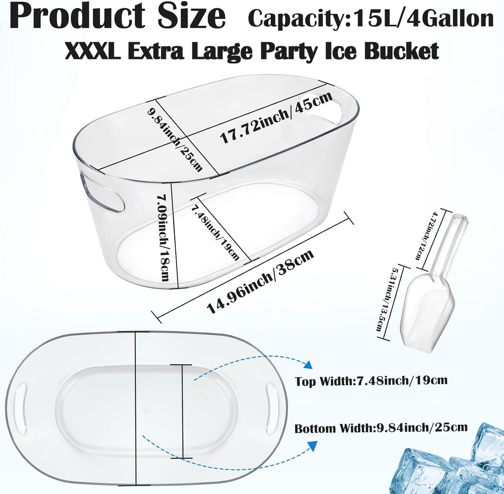 Ice Buckets for Parties, 15L Large Ice Bucket, 4 Gallon Clear Acrylic Champagne Ice Buckets with 2 Scoops - Set of 2