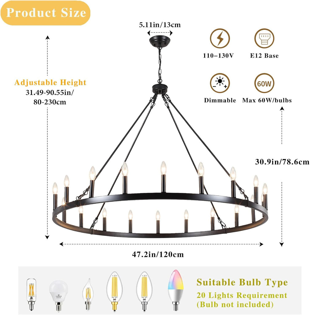 Inspired Camino Style Chandelier - 47.2 inches Black Wagon Wheel Chandelier- 20 Light Large Farmhouse Chandelier Industrial Rustic Dining Room Light Fixture Round High Ceiling Pendant Light for Living Room Entryway Foyer A105-B0C76Y9CV8