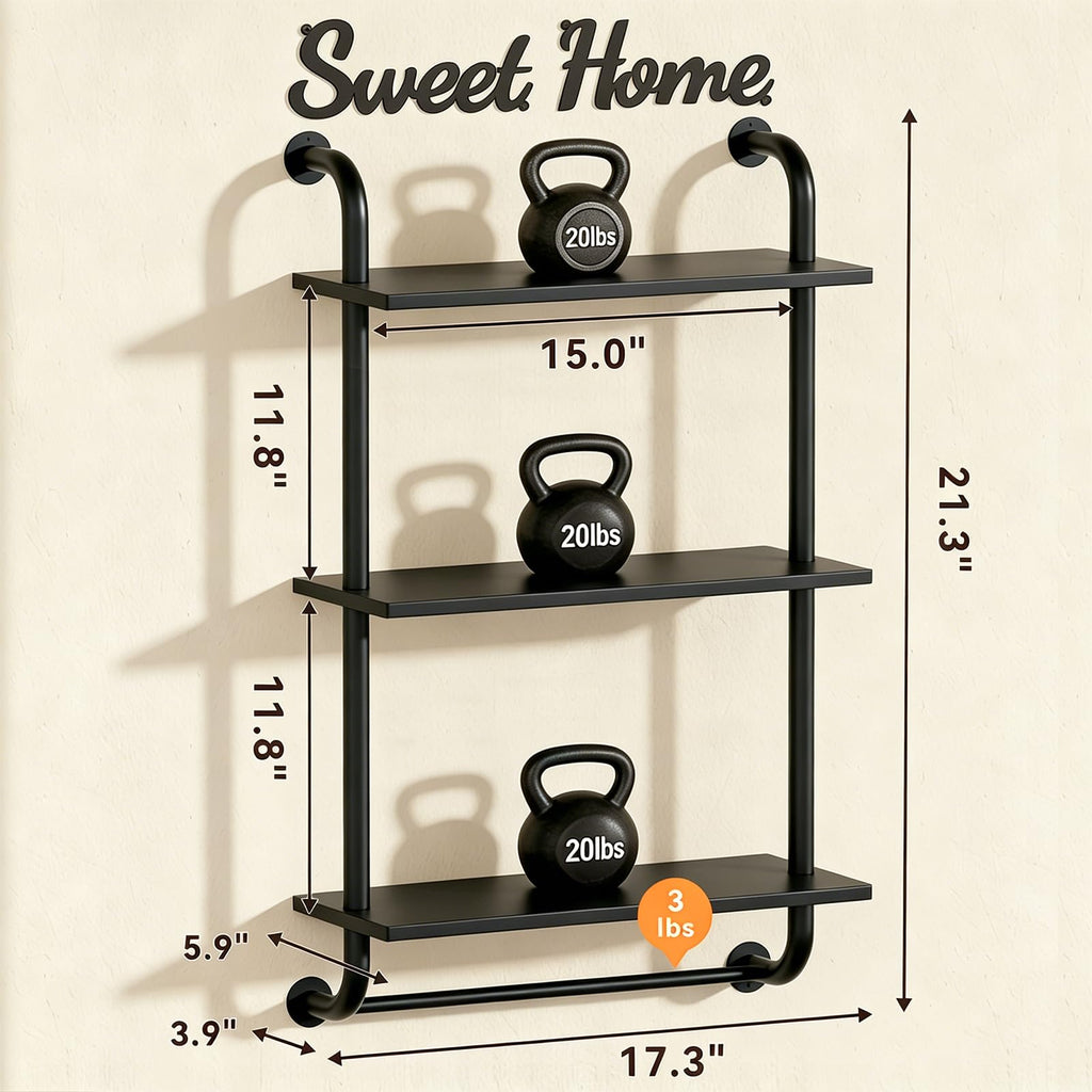 Bathroom Shelves Wall Mounted, Rustic Farmhouse Pipe Shelves, Walls Shelf 3-Tier, Industrial Pipe Shelving, Floating