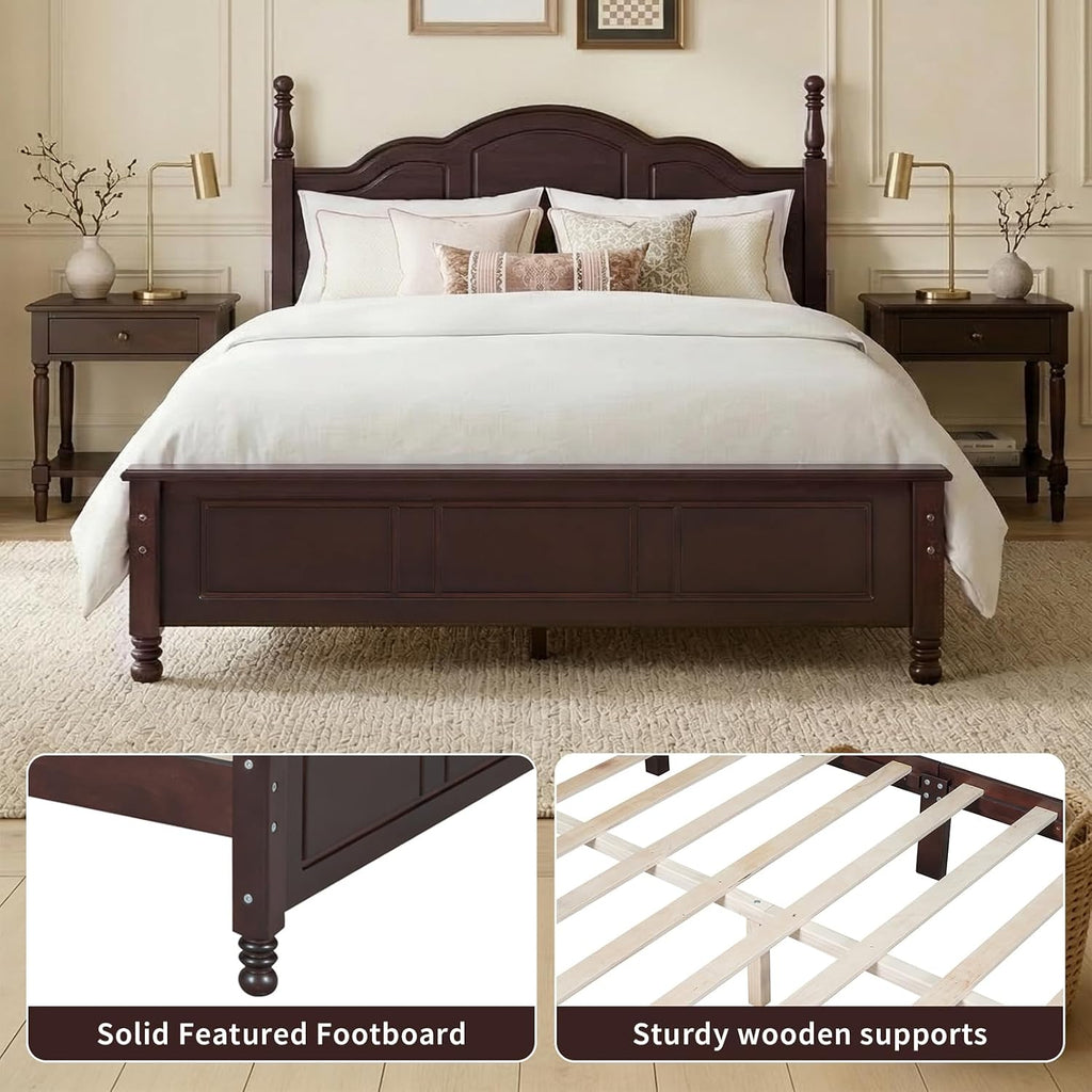 Dark Walnut Wood Bed Frame Queen Size with Wave Shaped Headboard