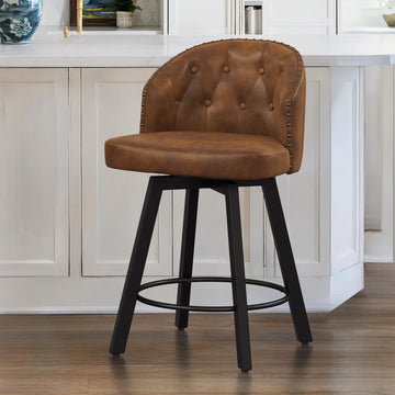 Counter Height Bar Stools, 26" Swivel Faux Leather Upholstered Bar Stool with Backs and Metal Legs, Retro Counter