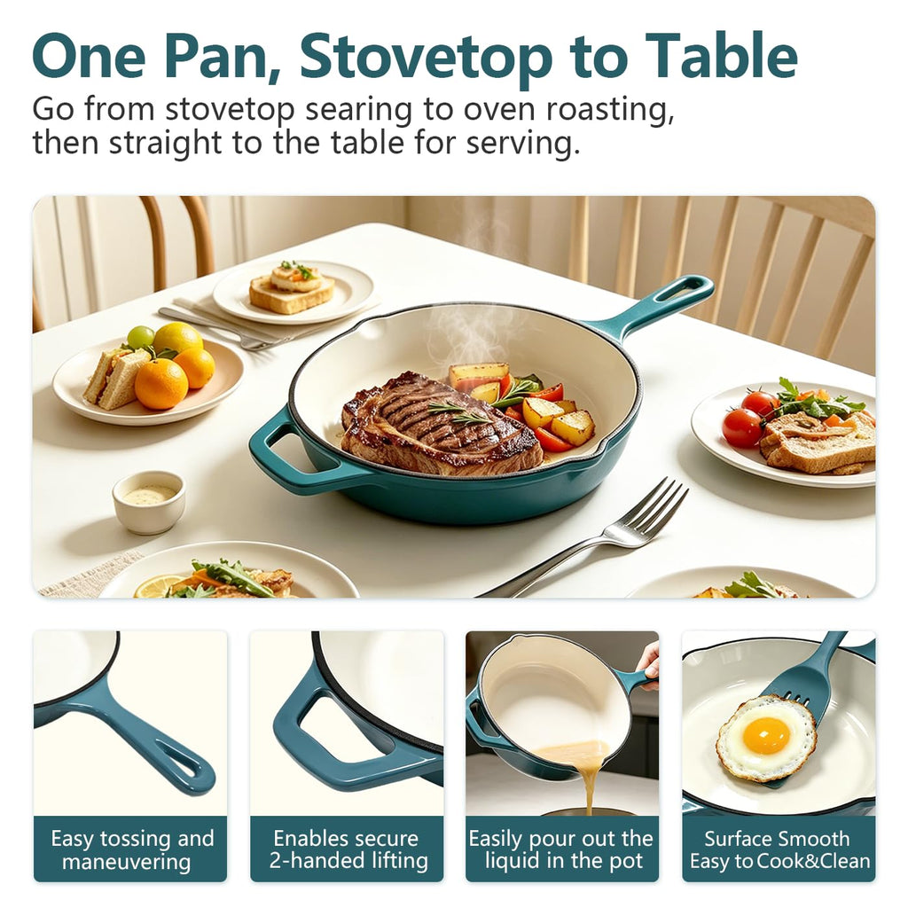 Enameled Cast Iron Skillet, Nonstick Frying Pan (Peacock Blue, 10 inch)