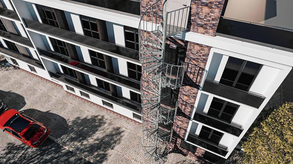German Outdoor Spiral Staircase, Hot-Dip Galvanized Standpipe Expanded-Metal Step, Aluminum Handrail, 25-Step incl