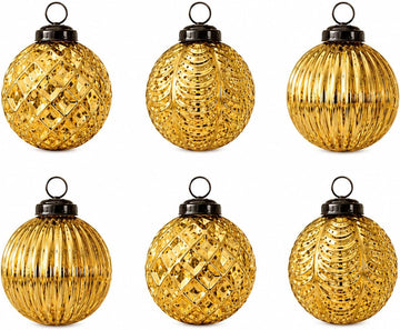 Vintage Glass Christmas Ornaments Set of 6, Assorted Handmade Baubles for Tree Decor & Gifting (Gold, Set of 6)
