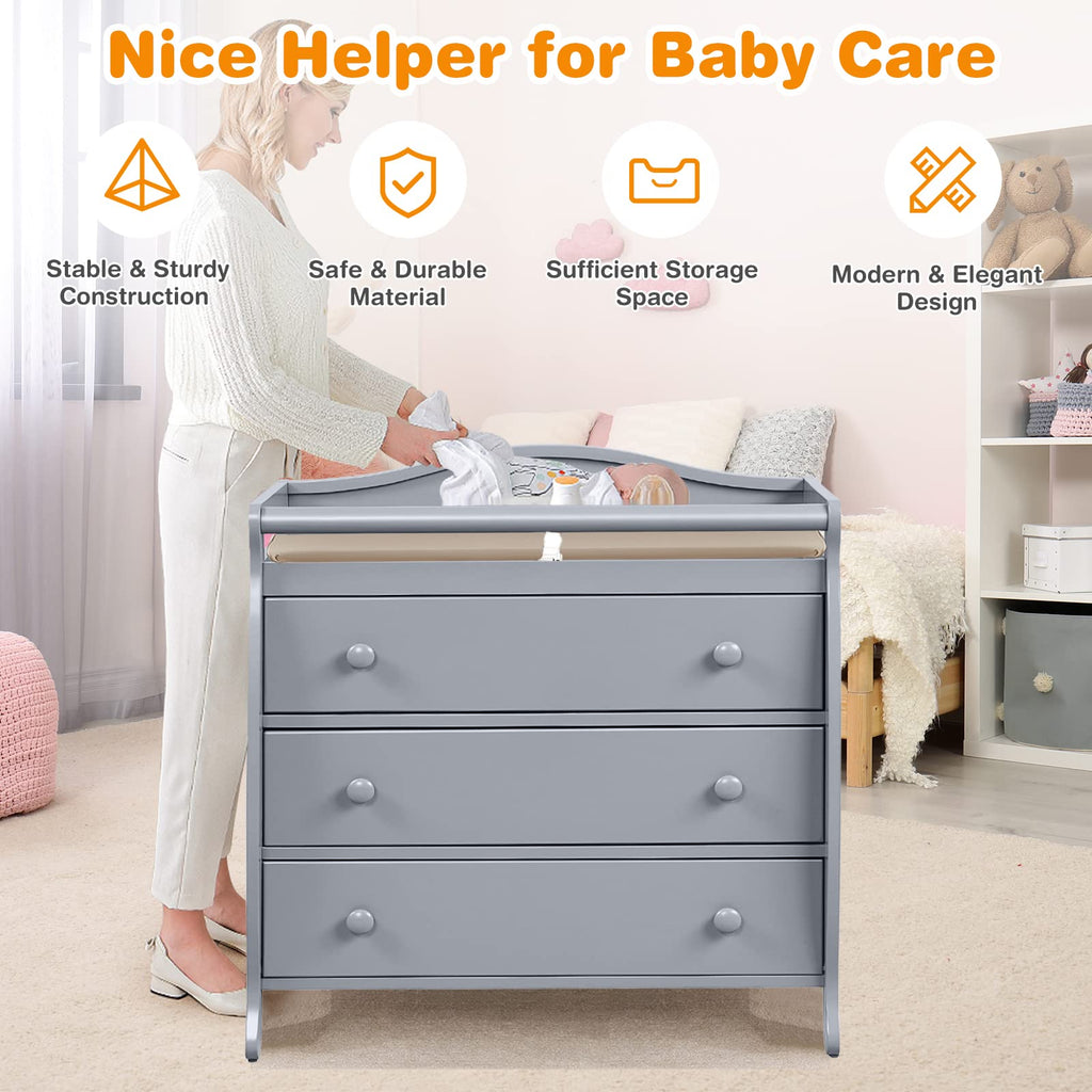3-Drawer Changing Table, Infant Diaper Changing Station with Drawers, Safety Rails & Strap, Baby Changing Table