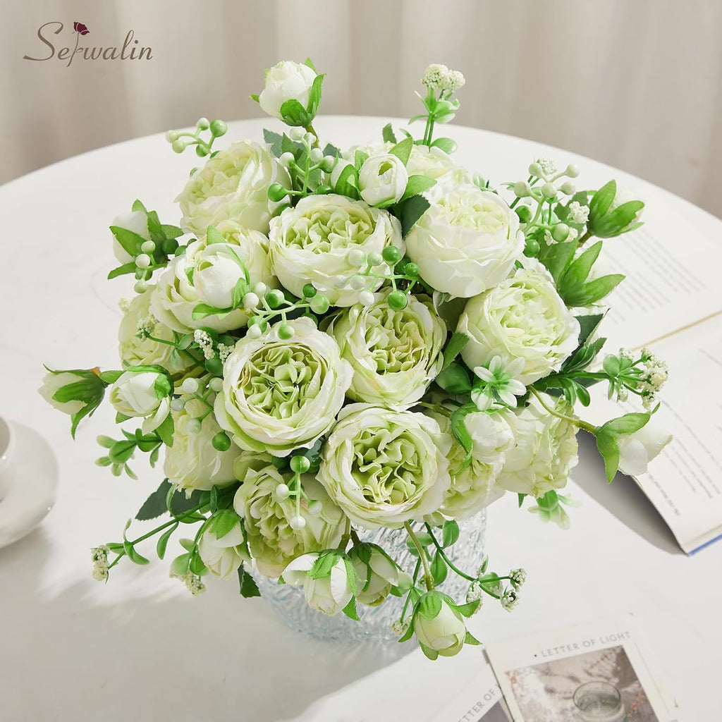Bunches Peonies Artificial Flowers, Silk Green Peonies Bouquet Faux Flowers Bulk for Table Centerpieces Wedding - Set of 4