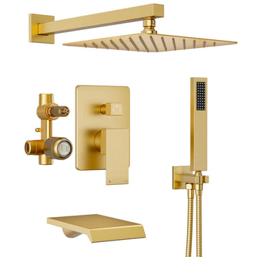 Brushed Gold Shower System with Tub Spout and 10" Rain Shower Head