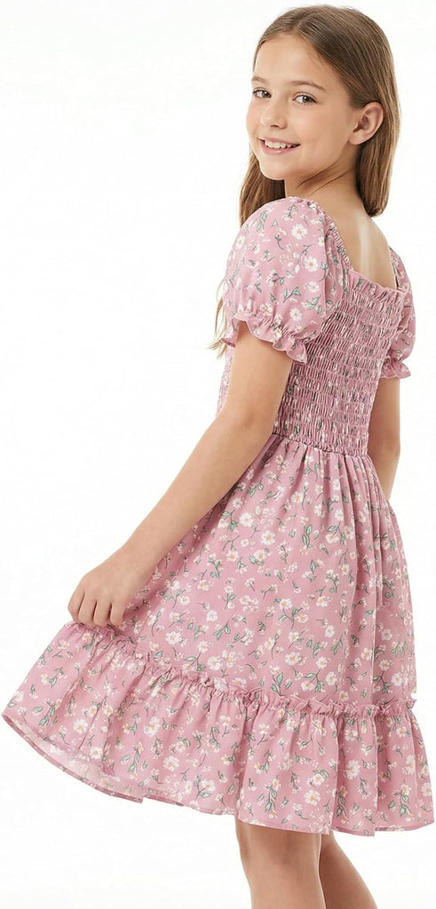 Summer Floral Smocked Dress Square Neck Puff Sleeve Ruffle School Party Teen Sundress
