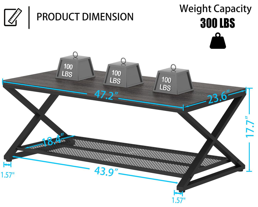 Wood Coffee Table, Center Table with Storage, Dark Gray Oak, 47 Inch