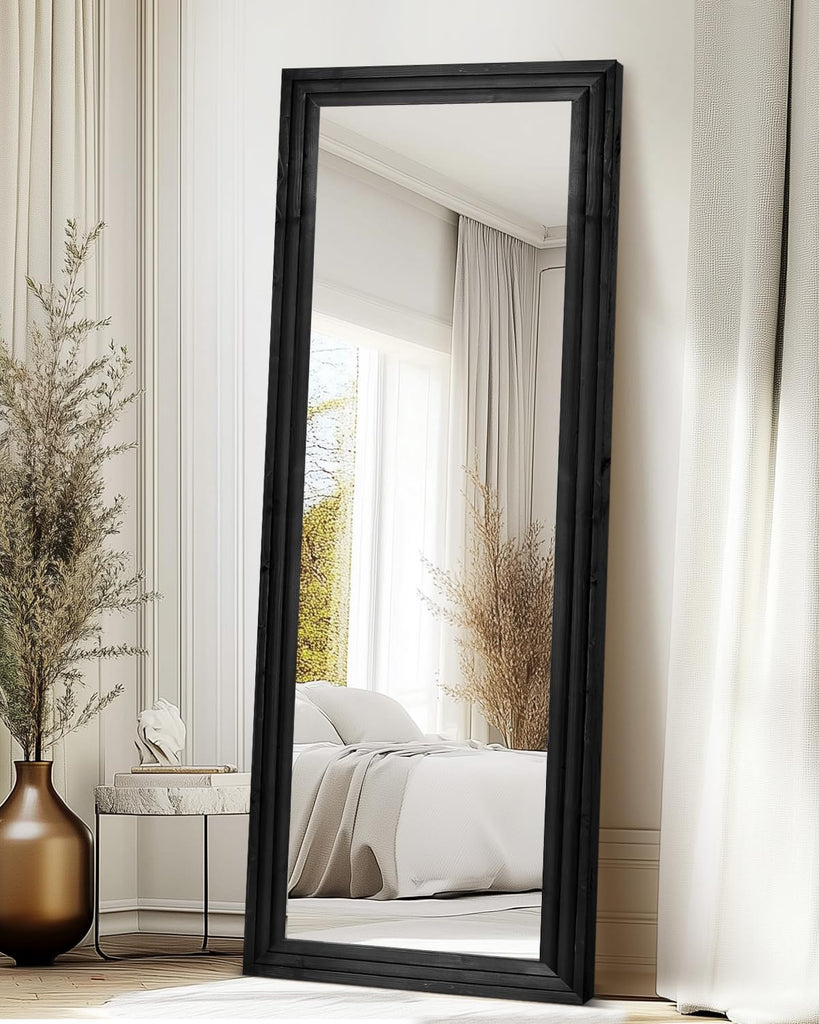 65x22in Full Length Mirror, 3-Tier Stepped Solid Wood Frame, Black