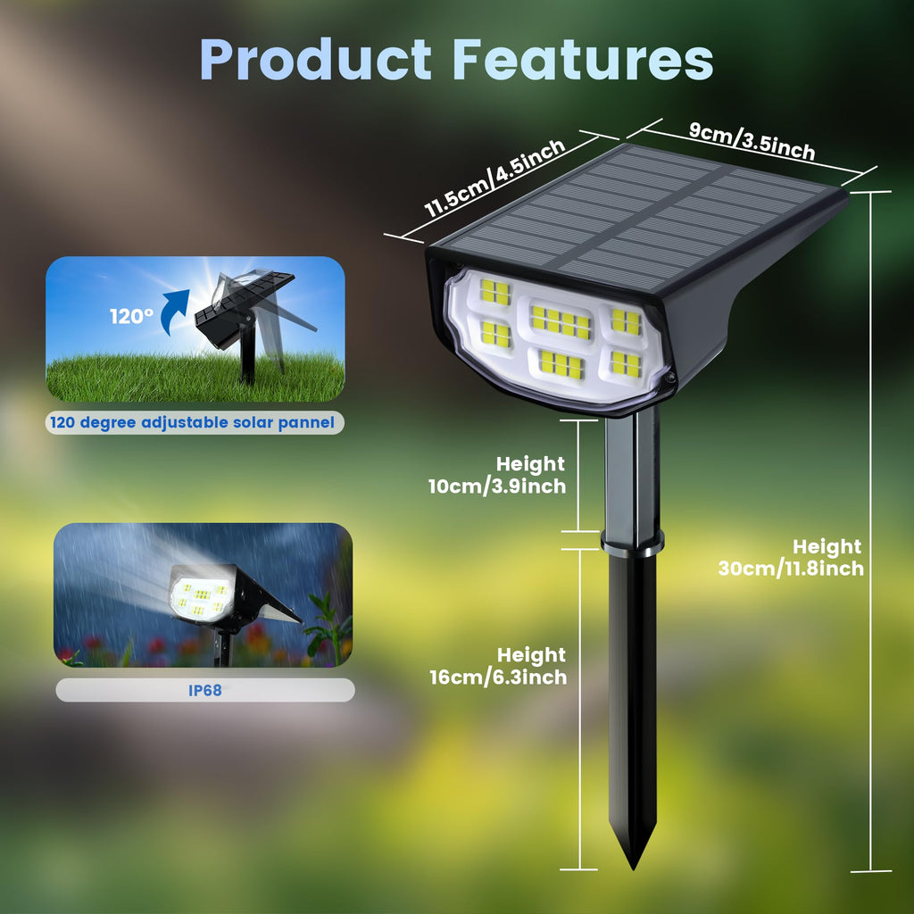 Solar Spot Lights Outdoor IP68 Waterproof, Ultra-Bright Performance, Simple Modes for Easier Operation, Auto