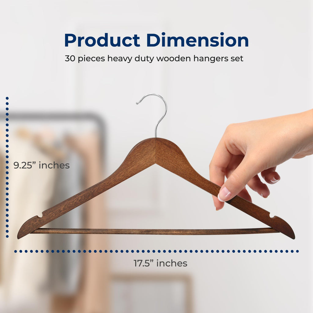 30 Pack Wooden Clothes Hangers - Heavy Duty Wood with Non-Slip Notches, 360° Swivel Chrome Hook & Pants Bar - Vintage