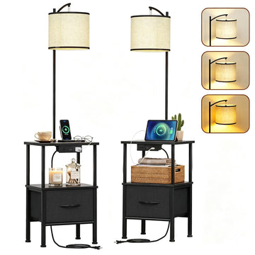 Floor Lamp with Table Set of 2, Charging Station, Black, 14.9"W