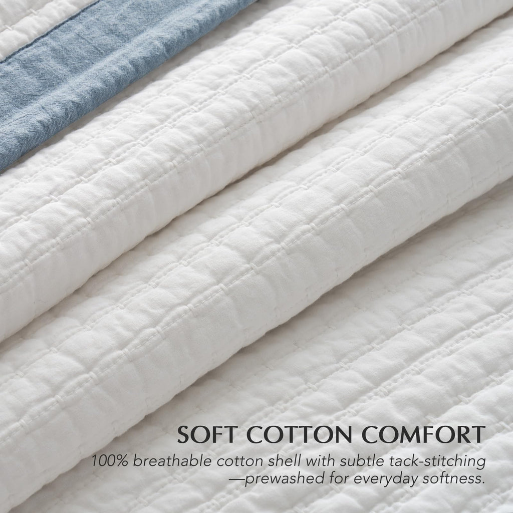 Cotton Border Frame Tack-Stitch Quilt Bedding Set King Size, Coastal Oversized 3 Pieces Lightweight Bedspread