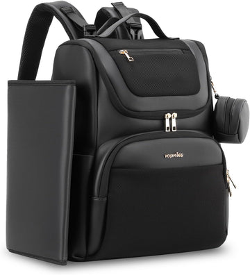 Large Leather Diaper Bag Backpack, Baby Travel Bag with Changing Pad, Insulated Pockets, Stroller Straps and Pacifier