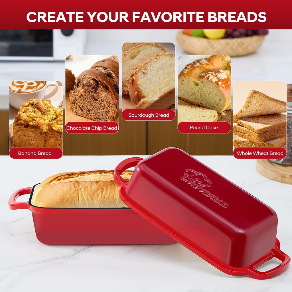 Cast Iron Loaf Pan with Lid 10x5 Inch Enameled Bread Loaf Pan for Sourdough, 2 Piece Set, Red
