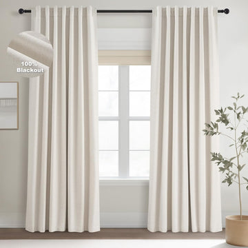 Linen Blackout Curtains 96 Inch Long, Boho Farmhouse Ivory Birch Viral Drapes Pinch Pleated Curtains with Hooks
