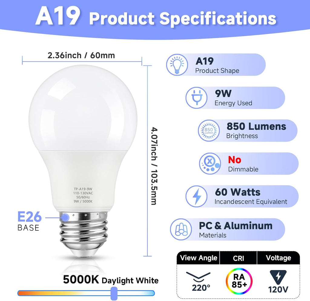 A19 LED Light Bulbs, 60W Equivalent 5000K Daylight White 6-Pack