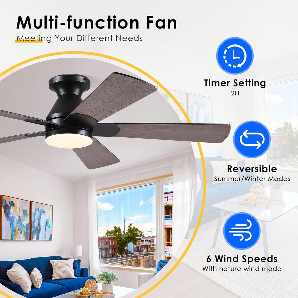 Flush Mount Ceiling Fan with Lights - 52” Indoor/Outdoor Ceiling Fan Light with Remote/APP, Low Profile Modern Fan Light with 6 Speeds, Dimming, for Living Room, Brown A101-B0F2F9BZ8W