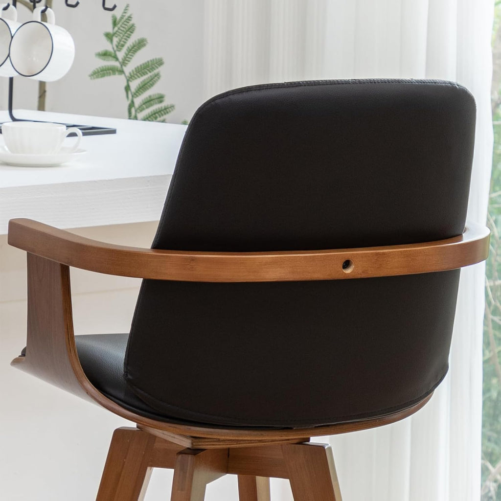 Set of 2 Bar Height Bar Stools - 29.12 inch Swivel Bar Stools with Curved Back and Arms, Walnut Craftsmanship
