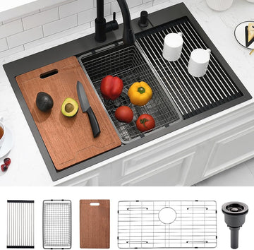 33 Black Drop in Workstation Kitchen Sink, 16 Gauge 33x22x10 Inches Black Stainless Steel Kitchen Sinks Topmount
