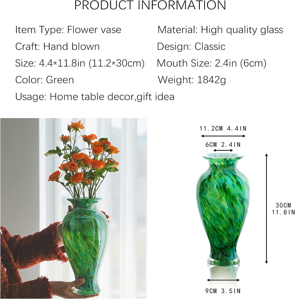 Hand Blown Green Classic Vase Decor, 11.5Inch Glass Flower Vase