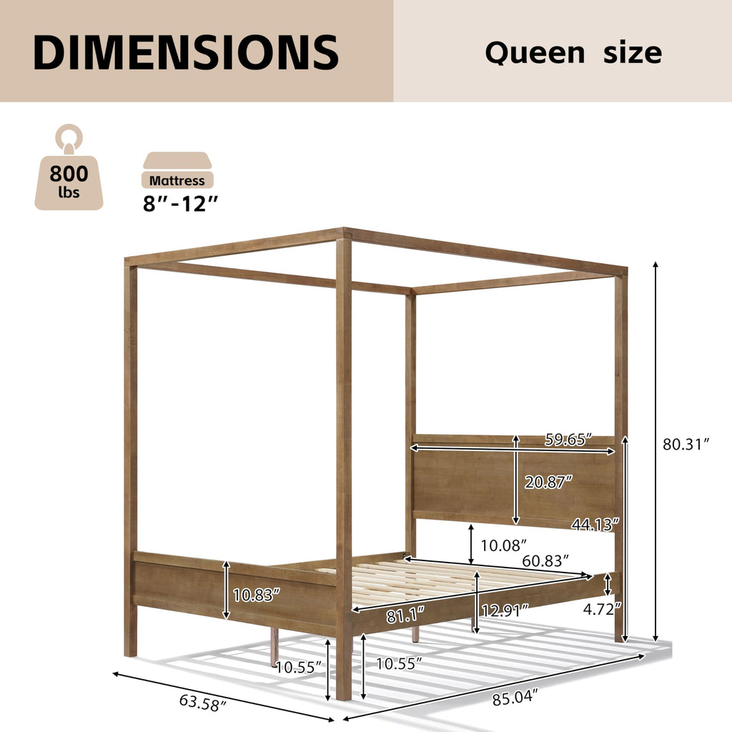 Canopy Bed Frame with Headboard & 4 Posters, Antique Natural