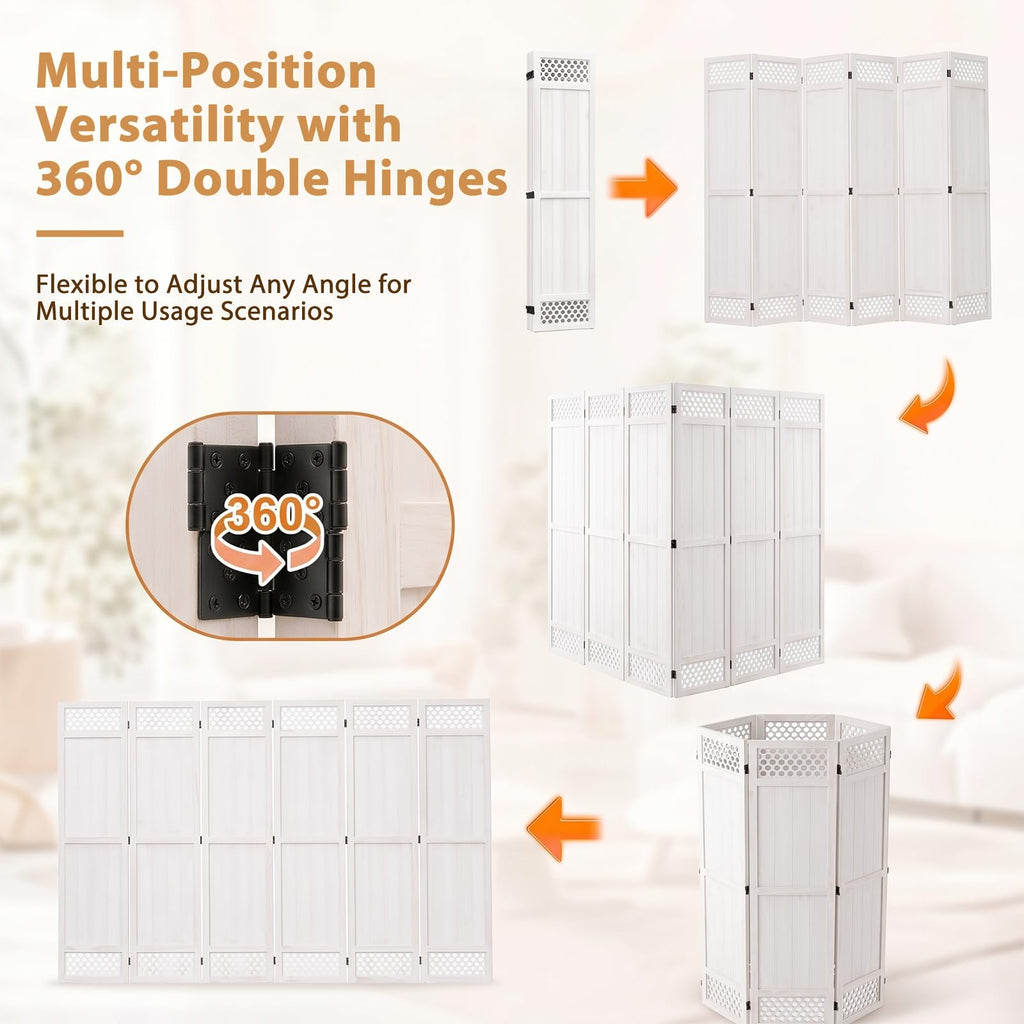 Wood Room Divider Privacy Screen, White Carved Room Divider 6 Panel 67"