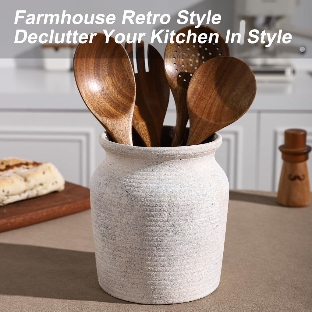Ceramic Farmhouse Kitchen Utensil Holder for Countertop, Rustic Cooking Utensil Holder Crock Fit Counter. 6*6*6.7