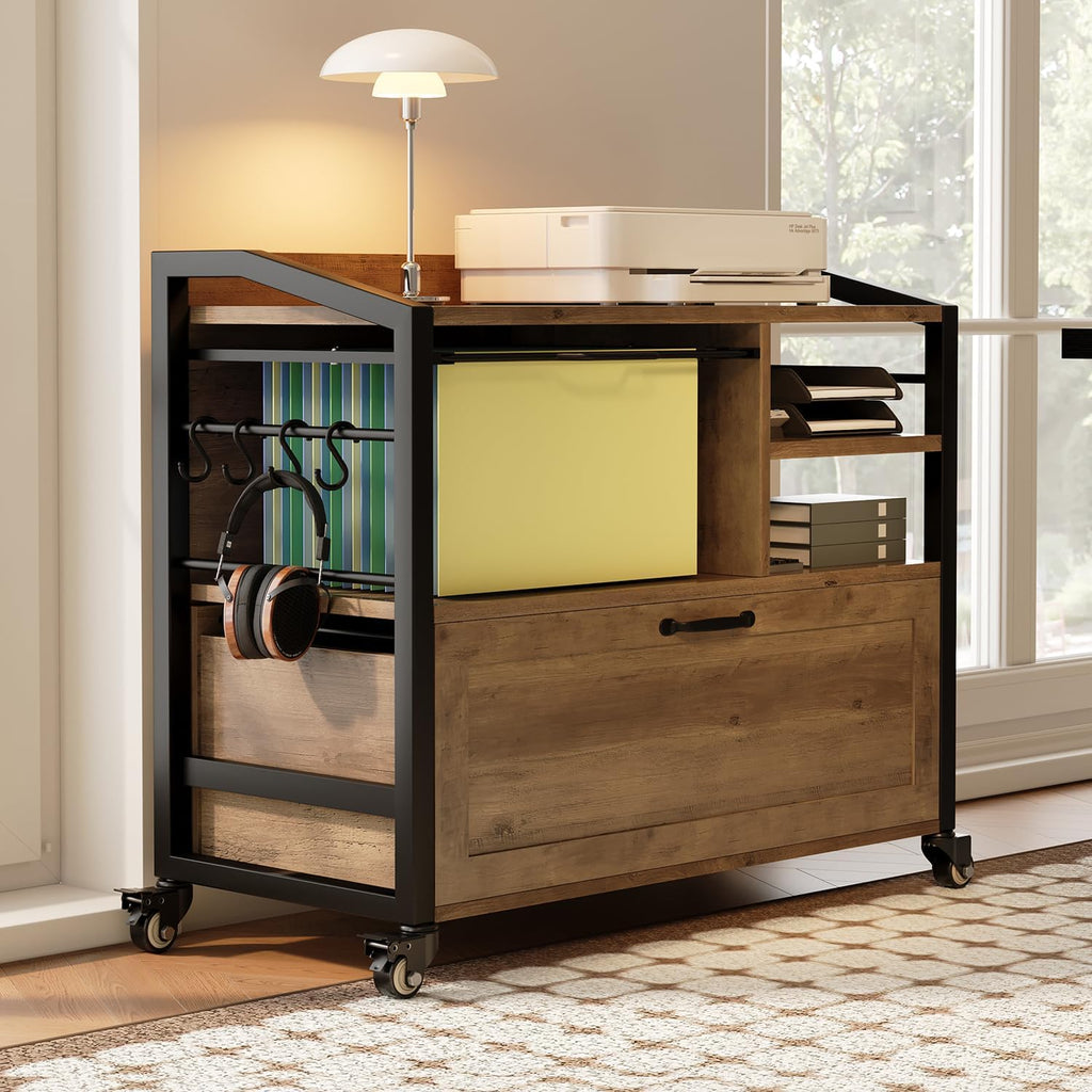 33 Inch Filing Cabinet ,Rustic Oak File Cabinet | Mobile Rolling Printer Stand with Storage Shelf with Drawer for