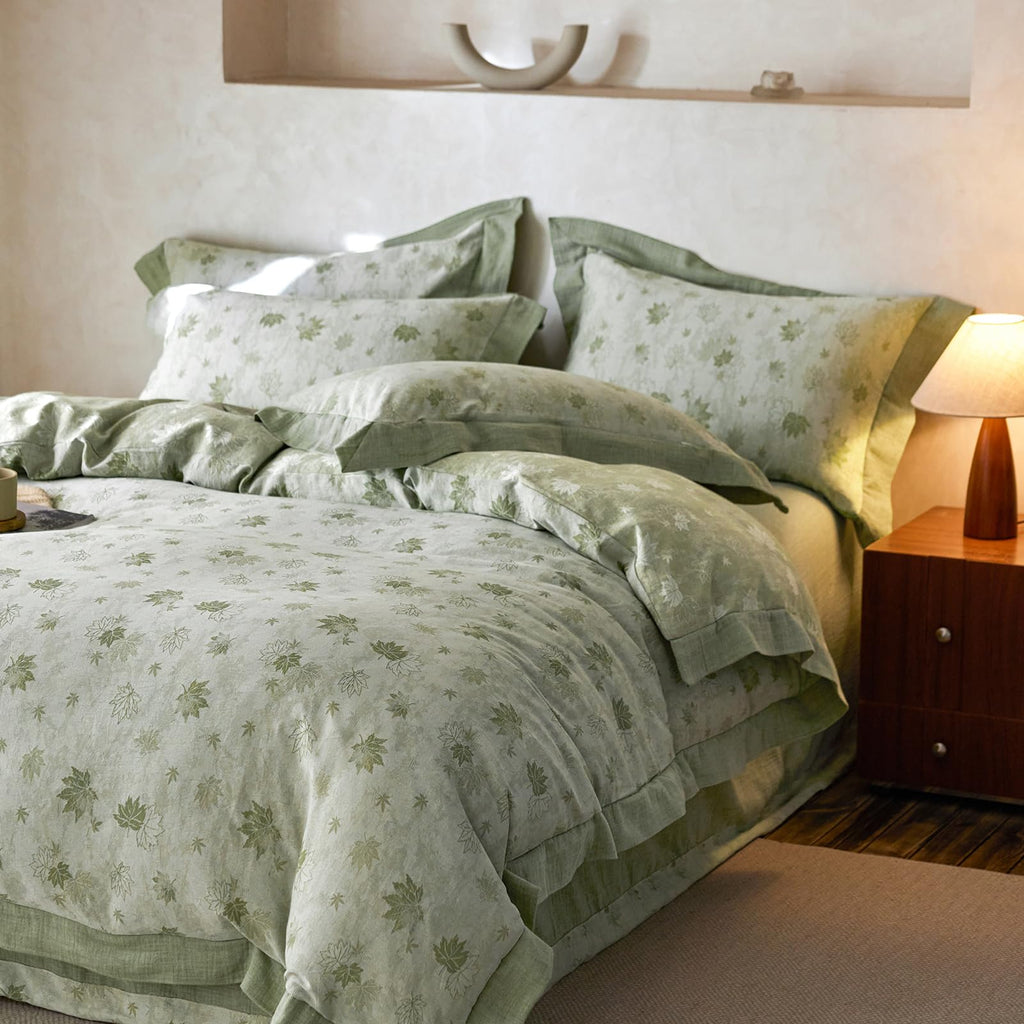 Yarn-Dyed Jacquard Duvet Cover Queen, Green Botanical Leaf Print 3-Piece Bedding Set with Wide Edge Piping, Soft